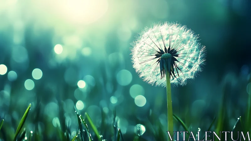 Gentle dandelion seed head shimmers in soft morning light