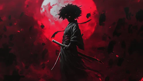 Moonlit ronin stands calm in swirling red night sky