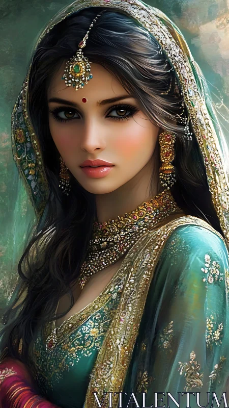 Digital portrait bridal beauty in ornate teal sari.