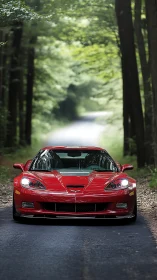 Red sports coupe is centered on a narrow forest road