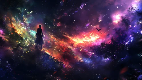 Silhouetted figure observing multicolored cosmic landscape.