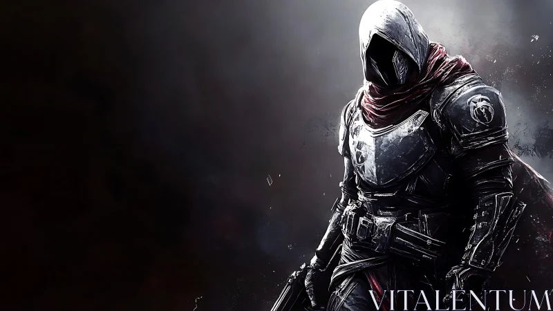 Hooded sci fi warrior stands in fractured metal armor