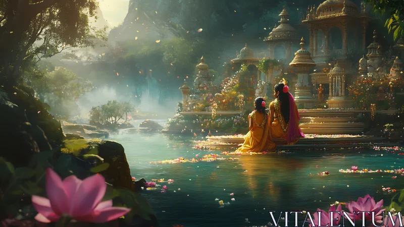 Golden riverside temple garden glows in mythic twilight.