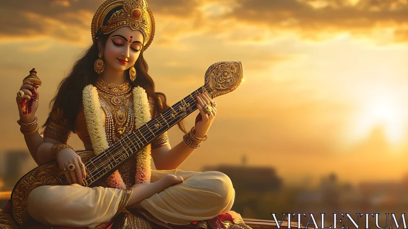 Serene goddess musician in golden sunset digital painting.