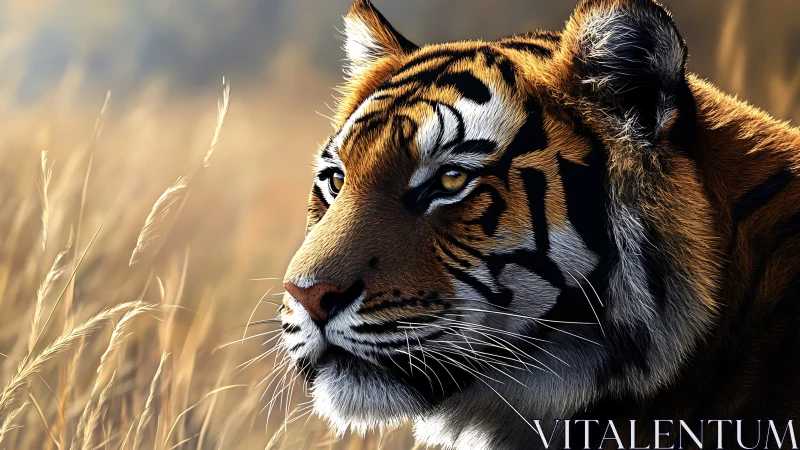 Tiger gazes through golden grass in warm evening light