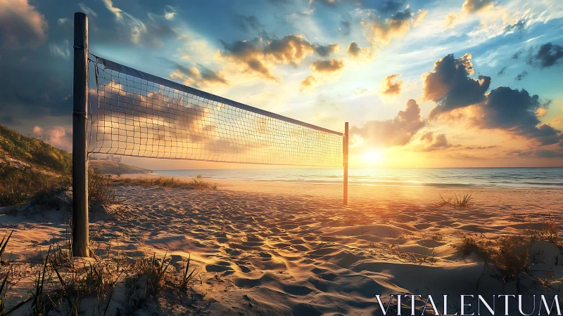 Beach volleyball net on sandy shoreline at sunset.