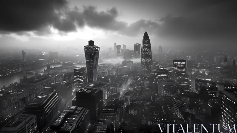 Moody city skyline glowing softly through gathering mist.