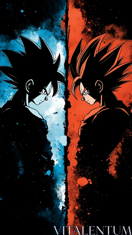 Dual anime warriors in symmetrical red blue split composition