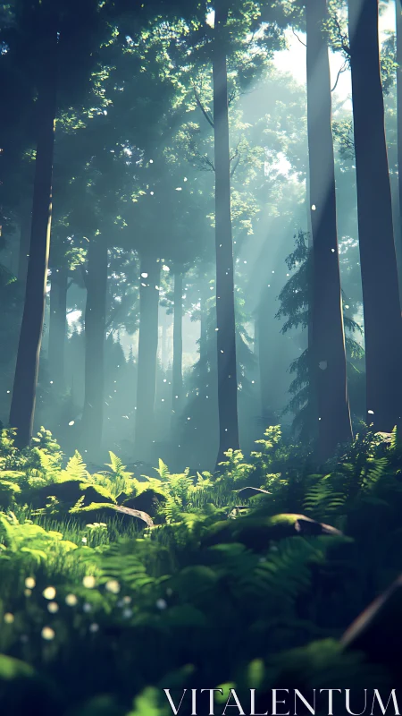 Misty forest interior with tall conifers and undergrowth