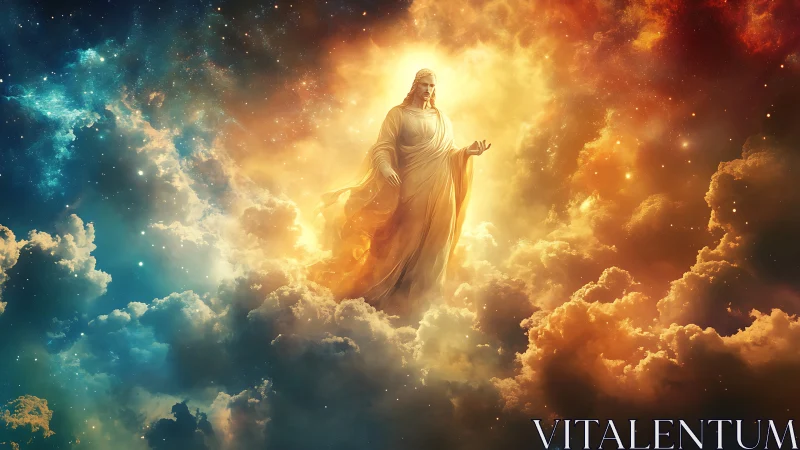 Radiant celestial figure walking through glowing heavens.