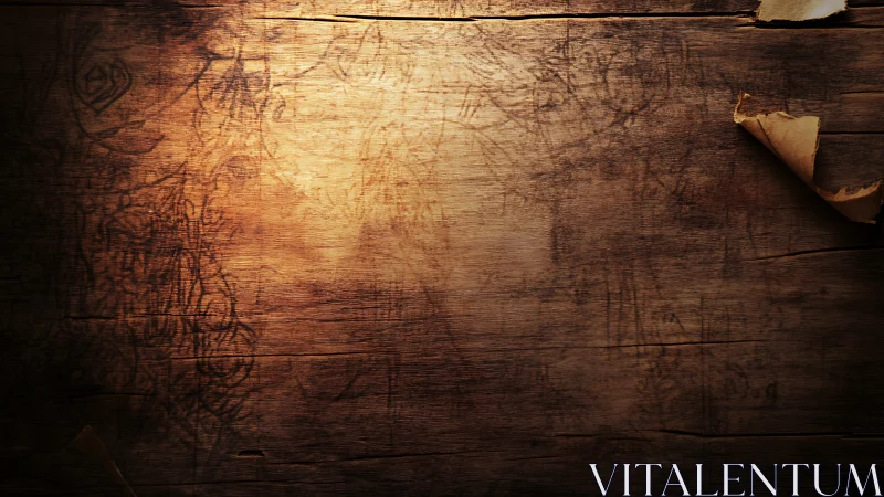 Aged wooden tabletop with curled parchment accent lighting.