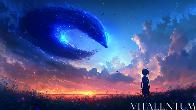 Child silhouette under luminous spiral nebula at sunset sky