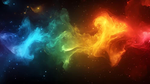 Cosmic spectrum nebula flows through starry deep space.