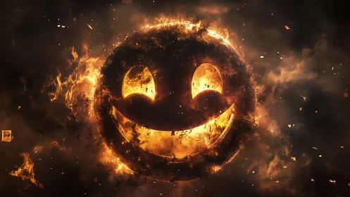 Smiley face symbol burns intensely within swirling flames