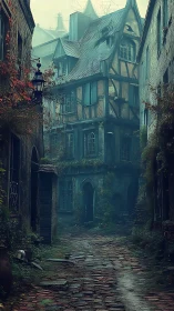 Narrow cobblestone alley leads to decayed half-timbered house