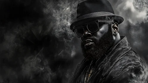 Bearded man in dark hat and coat amid surrounding smoke.