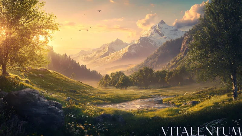 Golden sunrise glows over a peaceful mountain valley stream