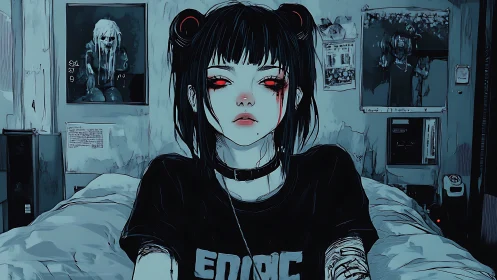 Goth girl with glowing eyes in dark blue bedroom scene.