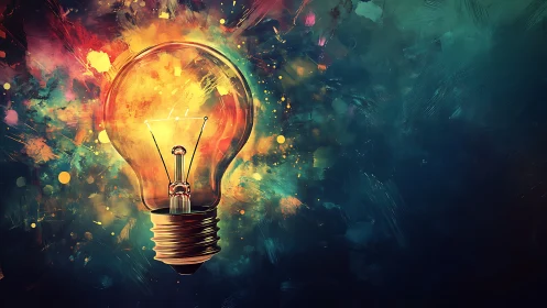 Glowing light bulb over vivid abstract color explosion.