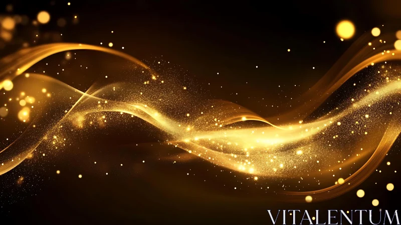 Abstract golden light wave on dark background with glittering sparkles.