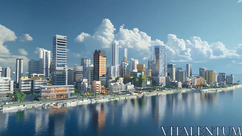 Sunlit blocky waterfront city alive with creative energy.