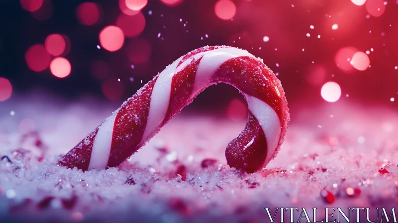 Candy Cane in Crystalline Sugar Snow with Bokeh Lights.