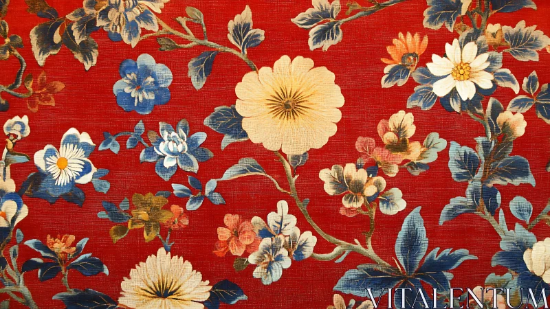 Bold floral tapestry blooms across rich red textile ground
