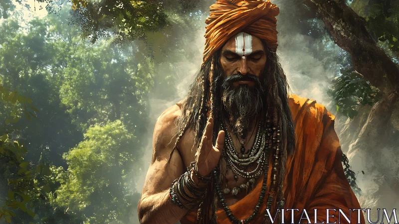 Mystic ascetic in orange robes meditates within dense forest haze