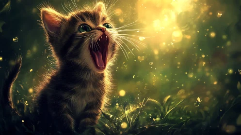 Luminescent Feline Portrait with Golden Bokeh Particles.