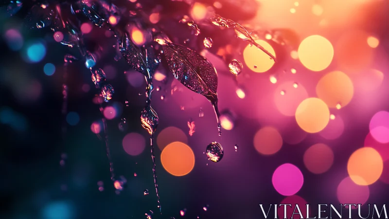 Glowing raindrops dance on leaves against dreamy city lights