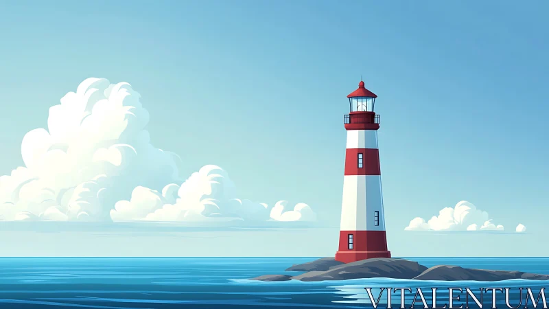 Lighthouse with red stripes stands on rocky island at sea