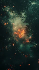 Controlled fire with smoke dispersal through dense green canopy.
