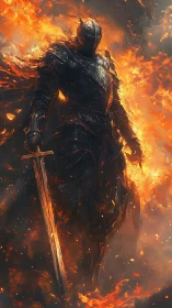 Armored figure stands in flames holding a large sword