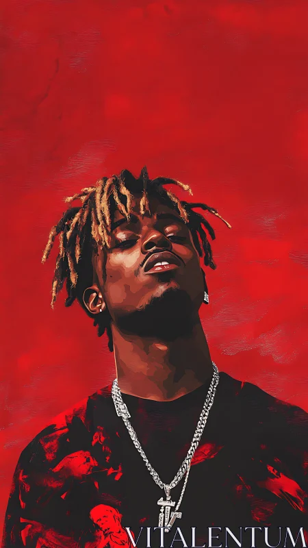 Digital portrait with saturated red field and upward gaze focus.