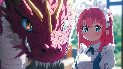 Pink dragon and maid character in close frontal view.