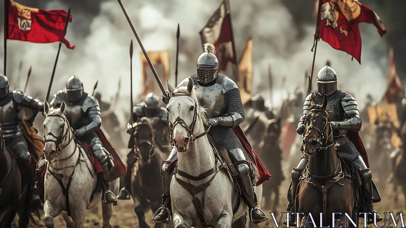 Gallant medieval knights charge forward through swirling battle smoke