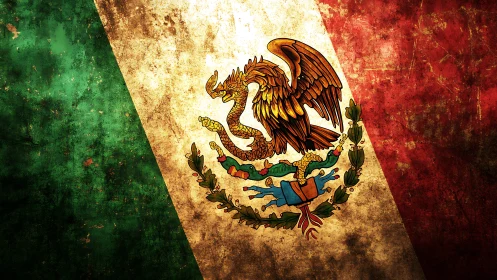 Weathered Mexican flag glowing with bold, historic pride.