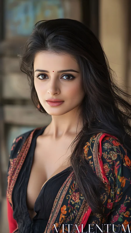 Portrait of woman in ornate black and red ethnic wrap.