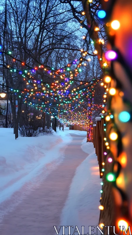 Snowy residential path lined with multicolored string lights.