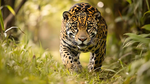 Jaguar walking through dense green foliage in rainforest.