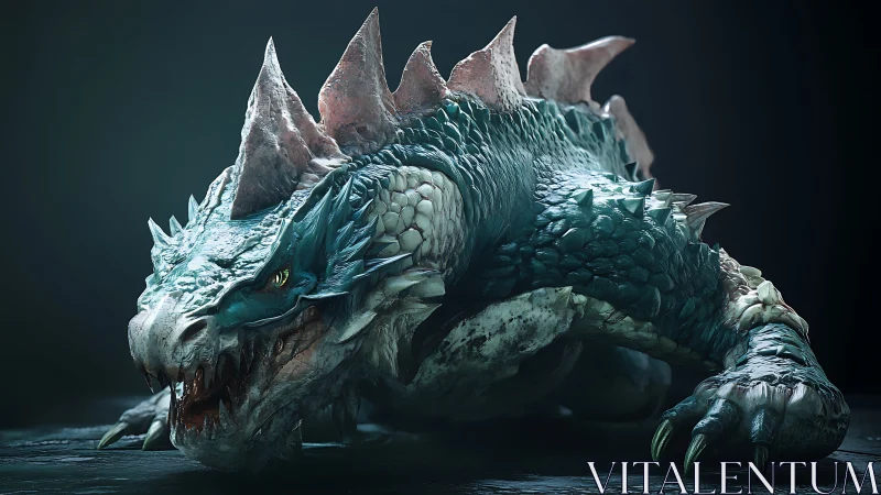 Reptilian creature with spiked dorsal plates in low light.