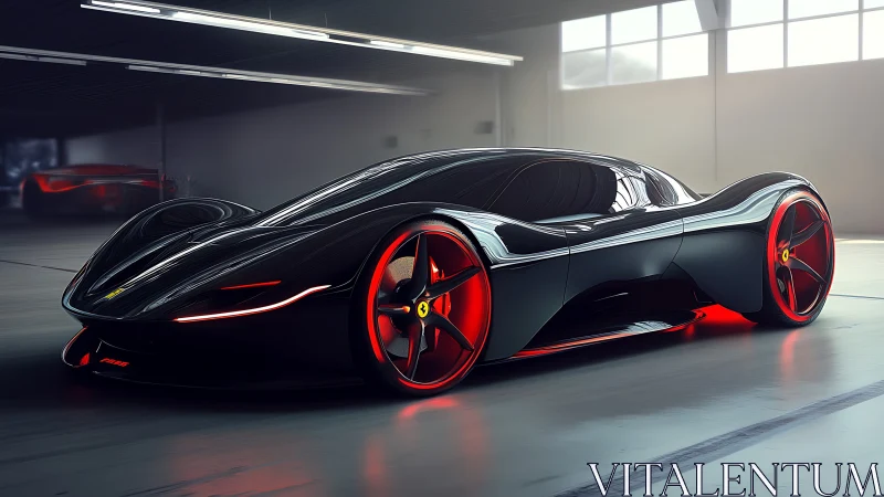 Midnight black concept car glowing with red electric energy.