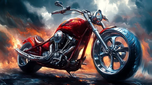 Red custom motorcycle rendered in dynamic painted style.