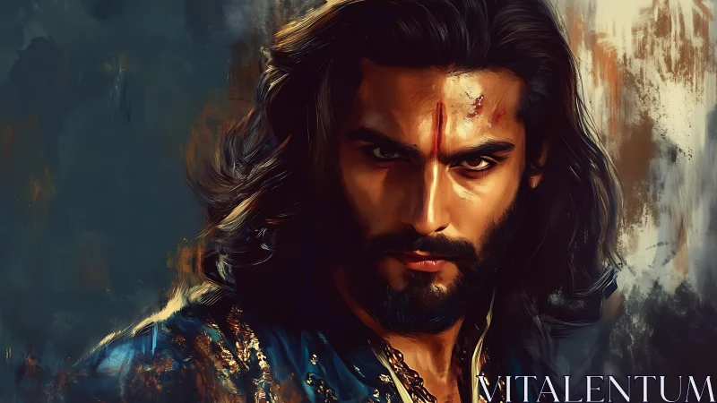 Intense warrior’s gaze in a richly painted dramatic portrait.