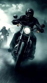 Motorcycle riders accelerate through fog with dynamic motion blur