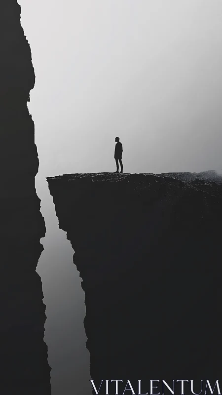 Solitary figure on sheer cliff edge above vast chasm.