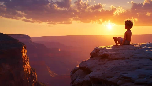 Child sitting on canyon cliff watching vivid sunset sky.