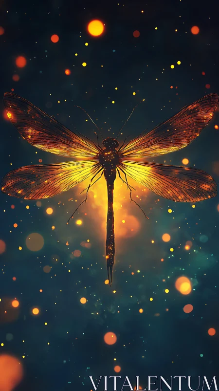 Luminous dragonfly suspended in glowing cosmic bokeh field.