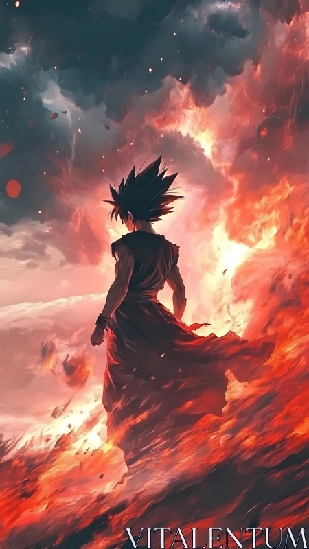 Figure stands before turbulent fiery clouds in stylized scene