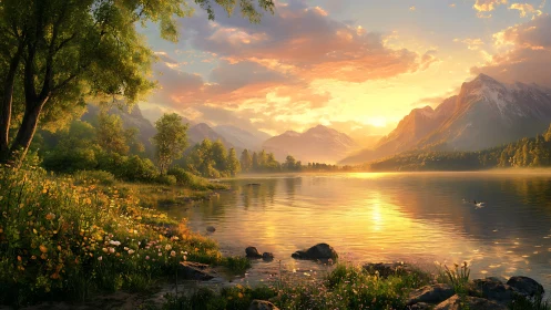 Sunlit alpine lake with volumetric haze and reflective water surface